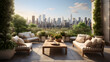 Capture the allure of a spacious terrace in a classic New York apartment, featuring lush greenery, comfortable seating, and iconic city views.