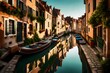 A tranquil canal running through a picturesque European town, lined with quaint houses.