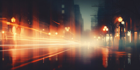 Abstract blurred night street lights background. Defocused image of a city street at night. 