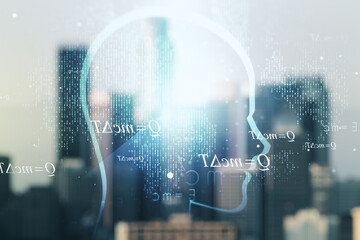 Poster - Abstract virtual artificial Intelligence concept with human head sketch on blurry skyscrapers background. Double exposure