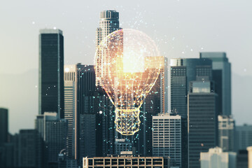 Poster - Virtual Idea concept with light bulb illustration on Los Angeles skyline background. Multiexposure