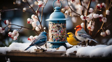 A Charming Winter Garden Bird Feeder Surrounded By Colorful Birds Enjoying A Snowy Feast