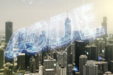 Aufkleber - Code word hologram on Chicago skyscrapers background, artificial intelligence and neural networks concept. Multiexposure