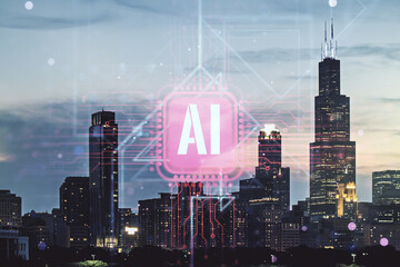 Poster - Creative artificial Intelligence symbol hologram on Chicago cityscape background. Double exposure