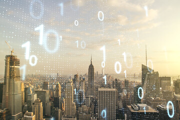Aufkleber - Abstract virtual binary code sketch on Manhattan office buildings background, hacking and matrix concept. Multiexposure
