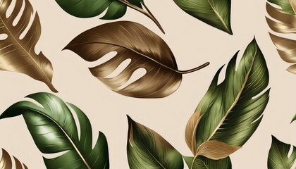 Wall Mural - Vintage tropical green brown leaves, beige background, golden texture. Luxury mural, premium wallpaper. 3d painting illustration, watercolor design. Seamless border. Stylish cloth, paper,Generative AI