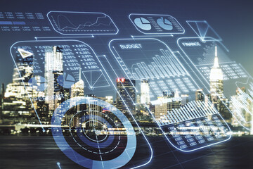Poster - Multi exposure of creative statistics data hologram on New York city skyscrapers background, stats and analytics concept