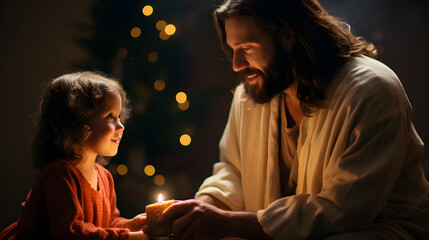 Wall Mural - Jesus giving gift to child at Christmas, love concept