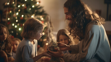 Wall Mural - Jesus giving gift to child at Christmas, love concept