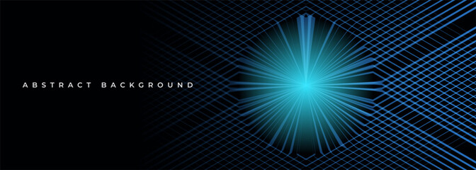 Poster - 3D dark modern abstract background with blue glowing striped grid and blue bright light effect. Futuristic technology concept banner design. Vector illustration