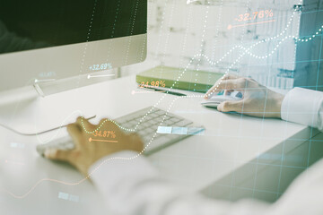 Poster - Abstract creative stats data concept with hands typing on laptop on background. Multiexposure
