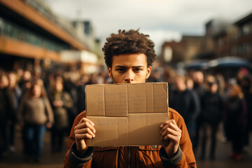 Man standing with demonstration poster in front of the people crowd. Black lives matters (BLM), human right, refugees concept. Blank brown cardboard poster with copy space. Generative AI