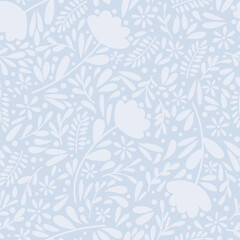 Poster - Ditsy blue floral laves vector pattern, seamless background repeating tile