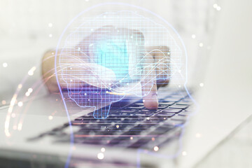 Aufkleber - Double exposure of creative human head microcircuit with hand typing on computer keyboard on background. Future technology and AI concept
