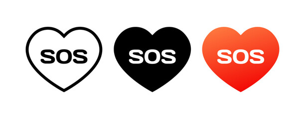 Poster - SOS in hearts icons. Different styles, colors, SOS in hearts, heart icons. Vector icons