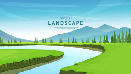 Wall Mural - Beautiful summer landscape. The river flows between green meadows, mountains and forest on the horizon. Clear sunny day, picturesque countryside. Vector illustration.