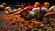 Spices. Spices colorful background. Spice and herbs backdrop. Assortment of Seasonings, condiments. Cooking ingredients, flavors
