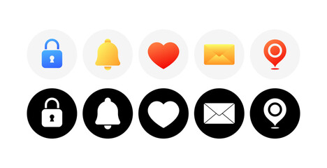 Poster - Icons of lock, bell, heart, envelope, location. Different styles, color, key lock, bell, heart, envelope, location icons. Vector icons
