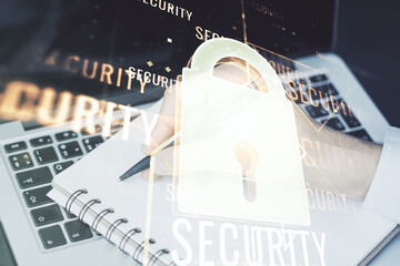 Aufkleber - Creative idea concept with lock symbol and microcircuit illustration and hand writing in notebook on background with laptop. Protection and firewall concept. Multiexposure