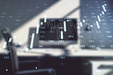 Poster - Multi exposure of creative statistics data hologram and modern desktop with laptop on background, stats and analytics concept