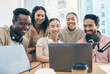 © Rene L/peopleimages.com - Men, woman and happy with laptop, podcast and reading for chat, creativity or opinion on live stream. Group, microphone and headphones for web talk show, broadcast or smile for collaboration at desk