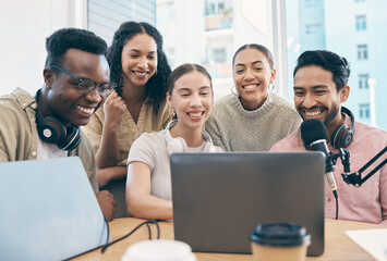 Poster - Men, woman and happy with laptop, podcast and reading for chat, creativity or opinion on live stream. Group, microphone and headphones for web talk show, broadcast or smile for collaboration at desk