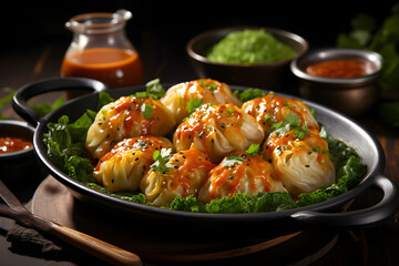 Wall Mural - Veg steam momo. Nepalese Traditional dish Momo stuffed with vegetables and then cooked and served with sauce over a rustic wooden background, selective focus