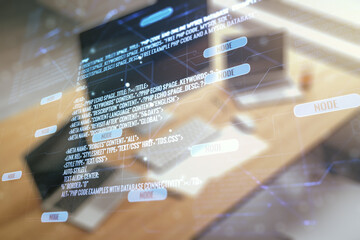 Aufkleber - Multi exposure of abstract software development hologram and modern desktop with laptop on background, research and analytics concept