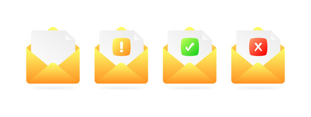 Poster - Action icons with message. Flat, yellow, document in an envelope, exclamation mark, tick, cross on the envelope. Vector icons