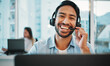© Rene L/peopleimages.com - Man, happy portrait and call center, business communication, customer service and contact us in office. Face, smile and Asian consultant laugh in virtual chat, helping or online support on a computer