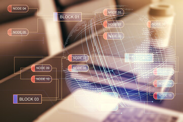 Poster - Abstract creative coding concept with world map on modern laptop background. Multiexposure