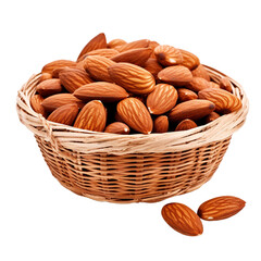 Canvas Print - Almonds in a basket on transparent background PNG. Grains concept that is beneficial to humans.