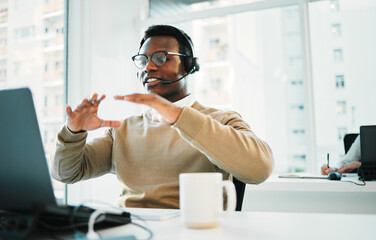 Poster - Black man, call center and laptop in customer service, telemarketing or support at office. Happy African male person, consultant or agent consulting in online advice, contact us or help at workplace
