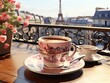 © salahchoayb - Cup of coffee on table in Paris, Bright color, Generative AI