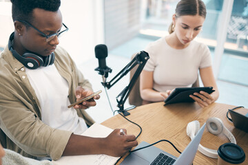 Poster - Laptop, podcast team and people in office for live streaming, content creation and talk show. Collaboration, studio and man and woman with microphone, computer and technology for radio broadcast