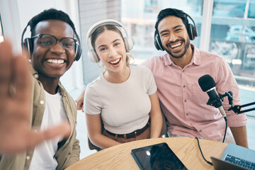 Podcast, portrait and group selfie of happy friends together, live streaming or people recording broadcast. Face, team and radio hosts take picture at table for social media blog on headphones or mic