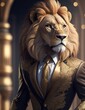 Lion in a gold suit and bow tie. 3D rendering.