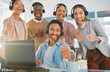 © Rene L/peopleimages.com - Teamwork, portrait and call center people with thumbs up, contact us with headphones and help desk. Consultant group with hand gesture, diversity and customer service with support, trust and advice