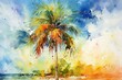 An artistic portrayal of a tall palm tree using watercolor technique that displays an impressionist style of painting. Generative AI
