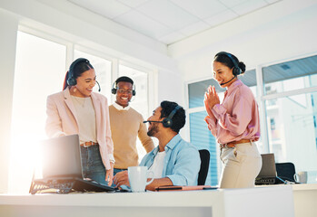 Canvas Print - Call center, teamwork or happy for target with support, collaboration and customer service in office. Telemarketing, men and women or employee with excited face for communication and learning at work