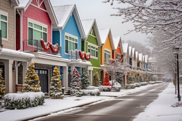 Snowy winter day in a charming festive Lapland village with houses and trees covered in snow.