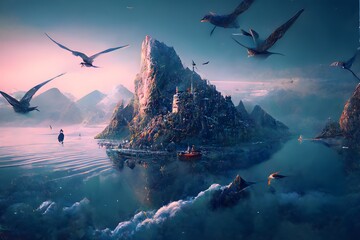 a world made of storybook pages mountains ocean fantasy city birds flying illustration style 8k atmospheric dramatic lighting raytracing cinematic lighting epic composition action style 