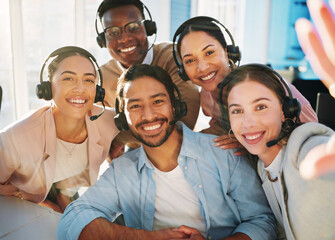 Canvas Print - Selfie, call centre and people with headset in office for communication, customer service or telemarketing. Diverse group, man and woman with smile, happy and pose for teamwork, collaboration or bond