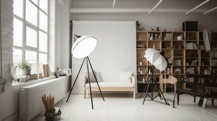 Wall Mural - Scandinavian-style photography studio interior with white walls and bookshelf 