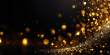 Gold Sparkle Particles Abstract Background.Christmas Golden Light Shine Particles Bokeh On Navy Black Background. Holiday Concept. Abstract Background With And Gold Particle.