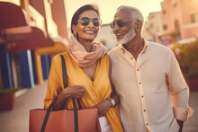 Smiling Couple Shop Bags. Love Dating Couple With Happy Smiling Faces. Generate AI