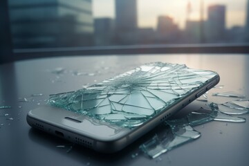 Poster - Mobile phone broken. Smartphone device with damaged screen display. Generate ai