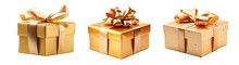 Isolated Golden Christmas Gift Box On White Background