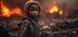 African girl with burning ground destructive building as background, war victim, war survivor, children and woman rights, Generative Ai