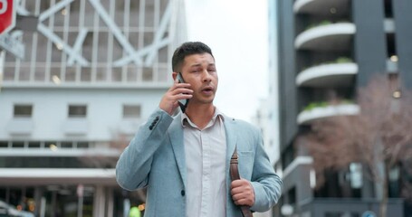 Wall Mural - Businessman, phone call and walking in city for discussion, proposal or travel on urban street. Man or employee talking on mobile smartphone for business conversation, trip or sidewalk in town